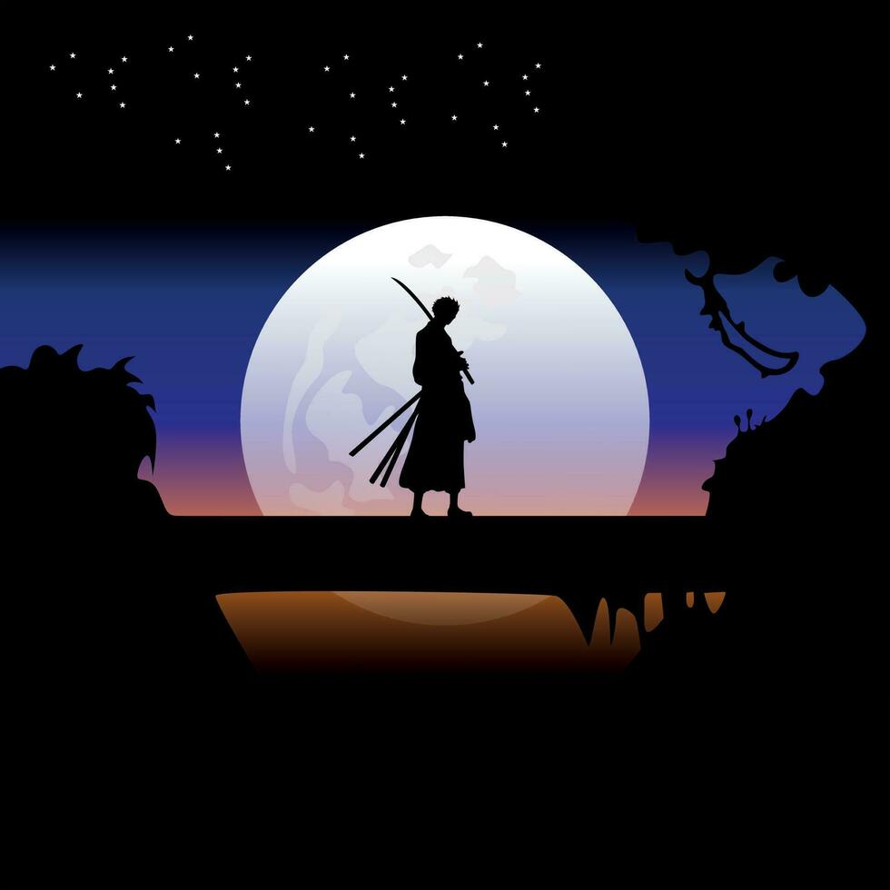 illustratie vector grafisch van samurai opleiding Bij nacht Aan een vol maan. perfect voor behang, poster, enz. illustratie vector stijl, kleurrijk visie achtergrond, een deel, roronoa zoro