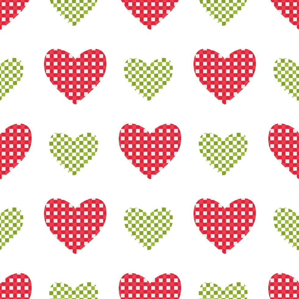 vector naadloos patroon met geruit harten in rood, groen en wit kleuren in tekenfilm stijl. digitaal naadloos achtergrond met harten voor valentijnsdag dag