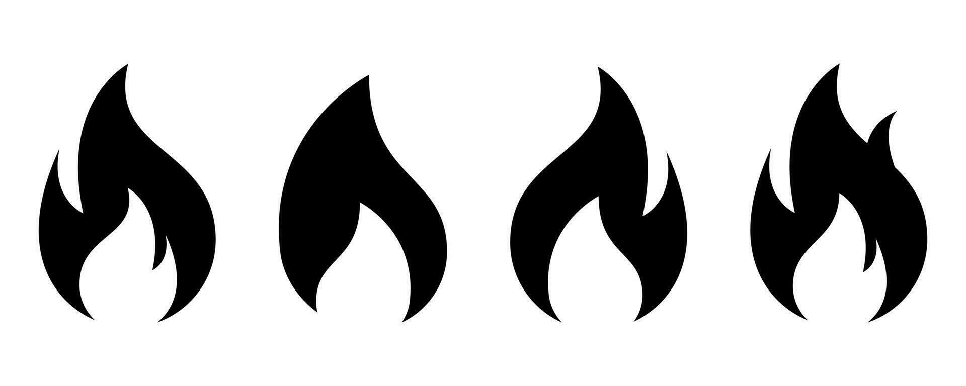 brand vlam icoon set. vlam icoon in zwart. brand symbool in glief. vuurbol teken. kampvuur symbool. vlam vector. voorraad vector illustratie