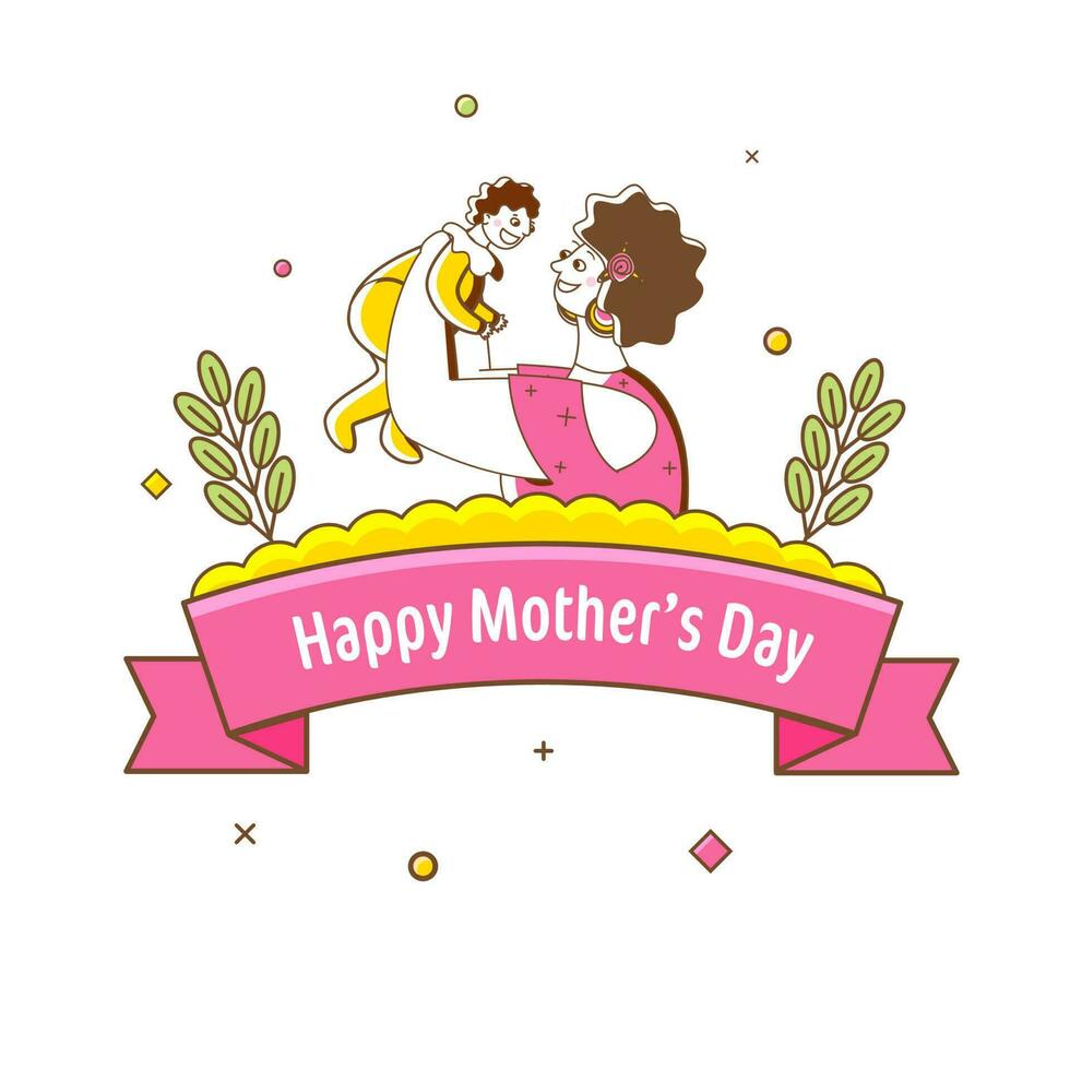 gelukkig moeder dag tekst lint met tekening stijl vrouw Holding haar baby Aan wit achtergrond. vector