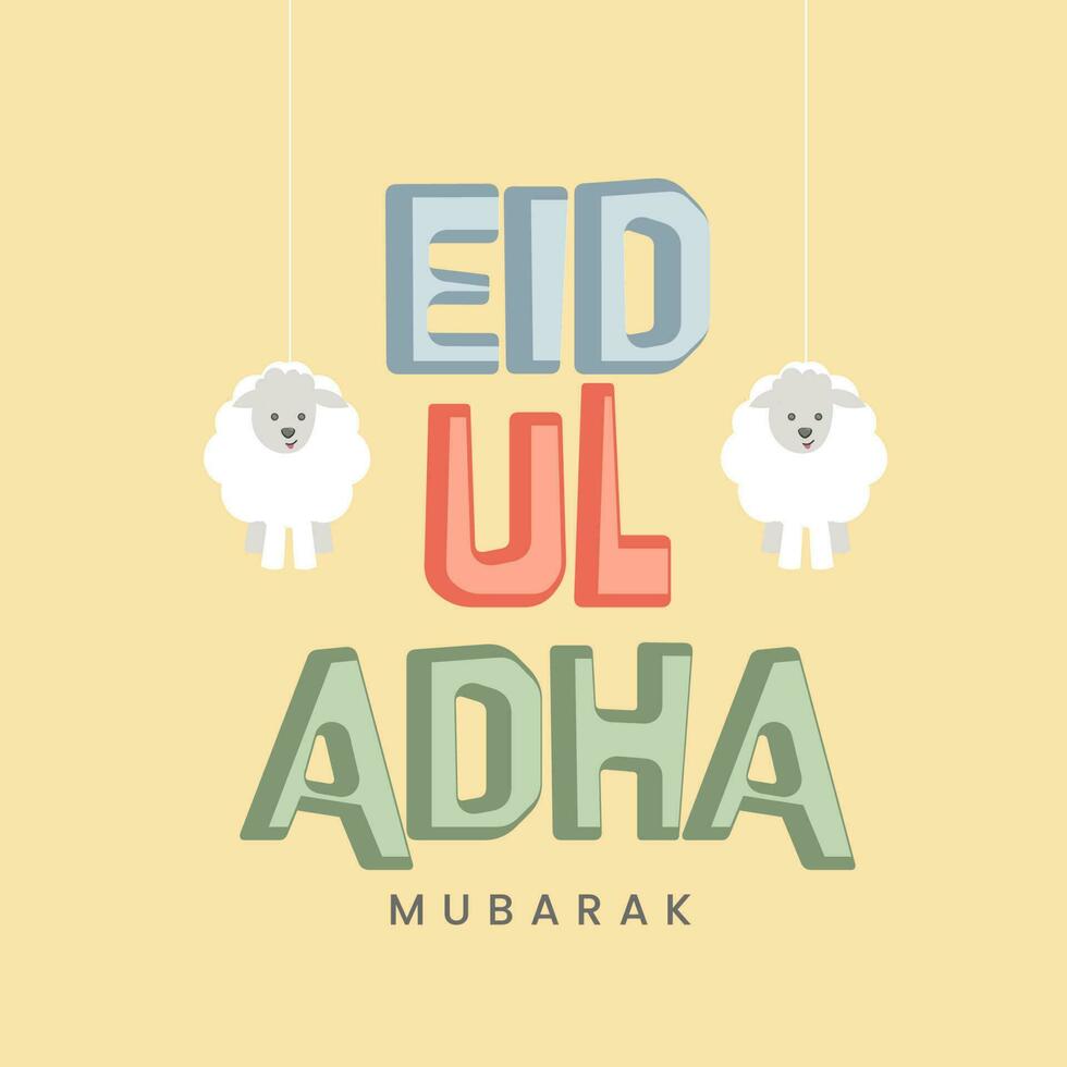 eid ul adha mubarak met twee tekenfilm schapen hangen Aan perzik geel achtergrond. vector