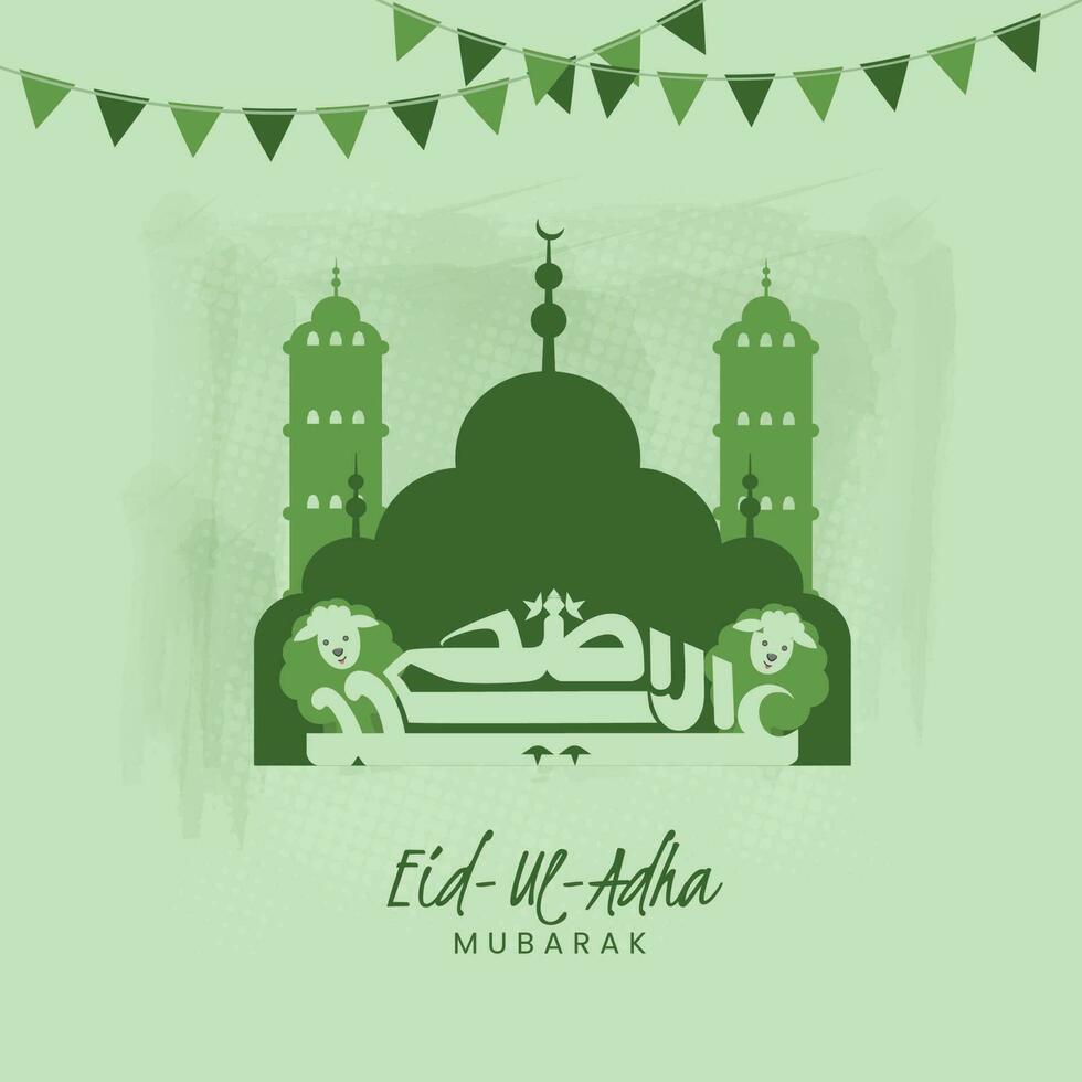 Arabisch schoonschrift van eid ul adha mubarak met twee tekenfilm schaap, moskee en vlaggedoek vlaggen Aan groen achtergrond. vector