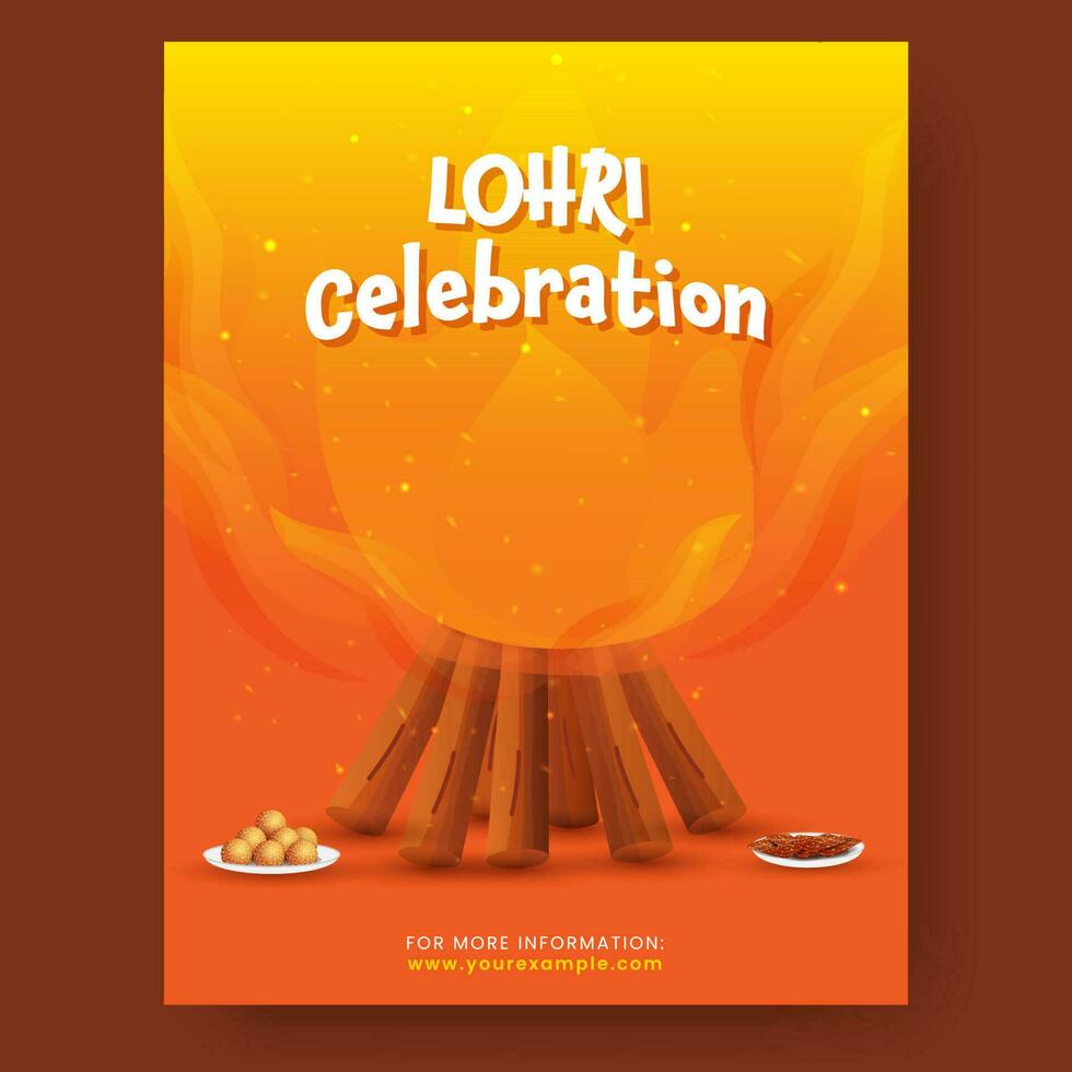 lohri viering folder ontwerp met vreugdevuur, snoepgoed, pinda chikki Aan oranje en geel achtergrond. vector