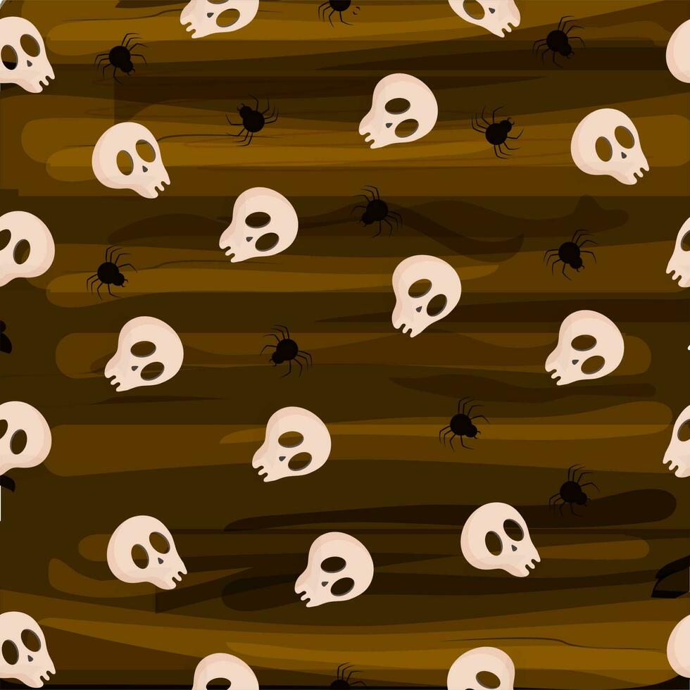 bruin hout structuur achtergrond versierd met schedel, spin illustratie. vector