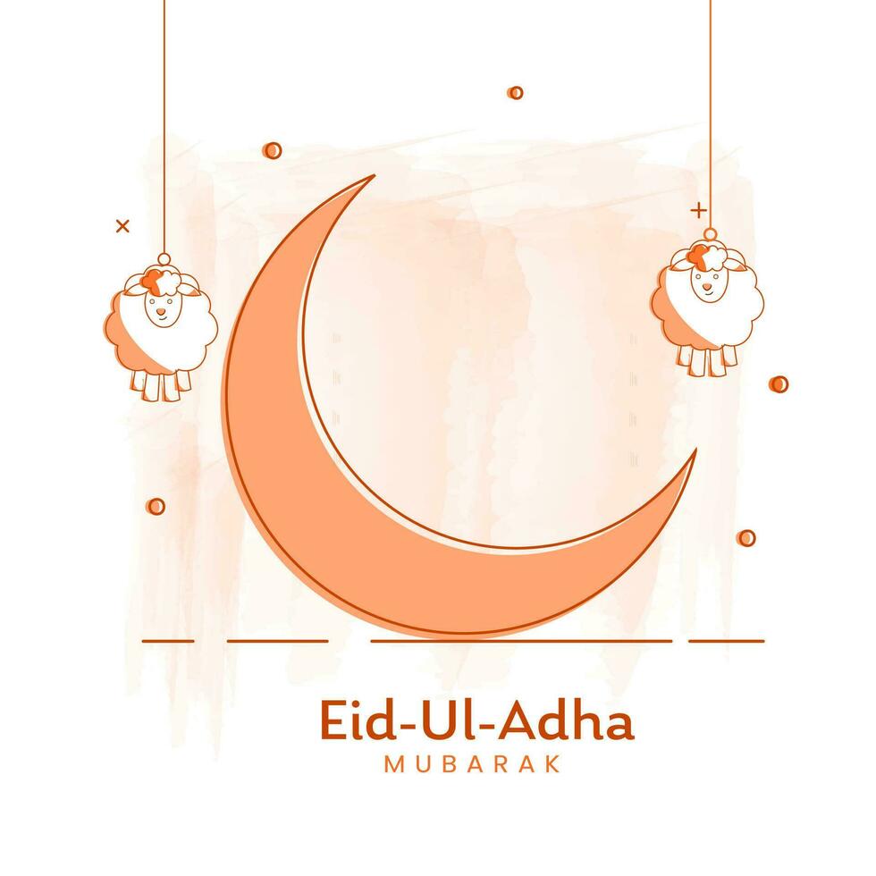 eid-ul-adha mubarak concept met oranje halve maan maan, twee tekenfilm schapen hangen Aan wit achtergrond. vector