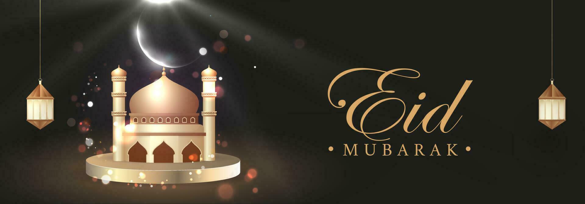 eid mubarak banier of hoofd ontwerp met 3d gouden moskee, halve maan maan en lit lantaarns hangen Aan zwart bokeh achtergrond. vector