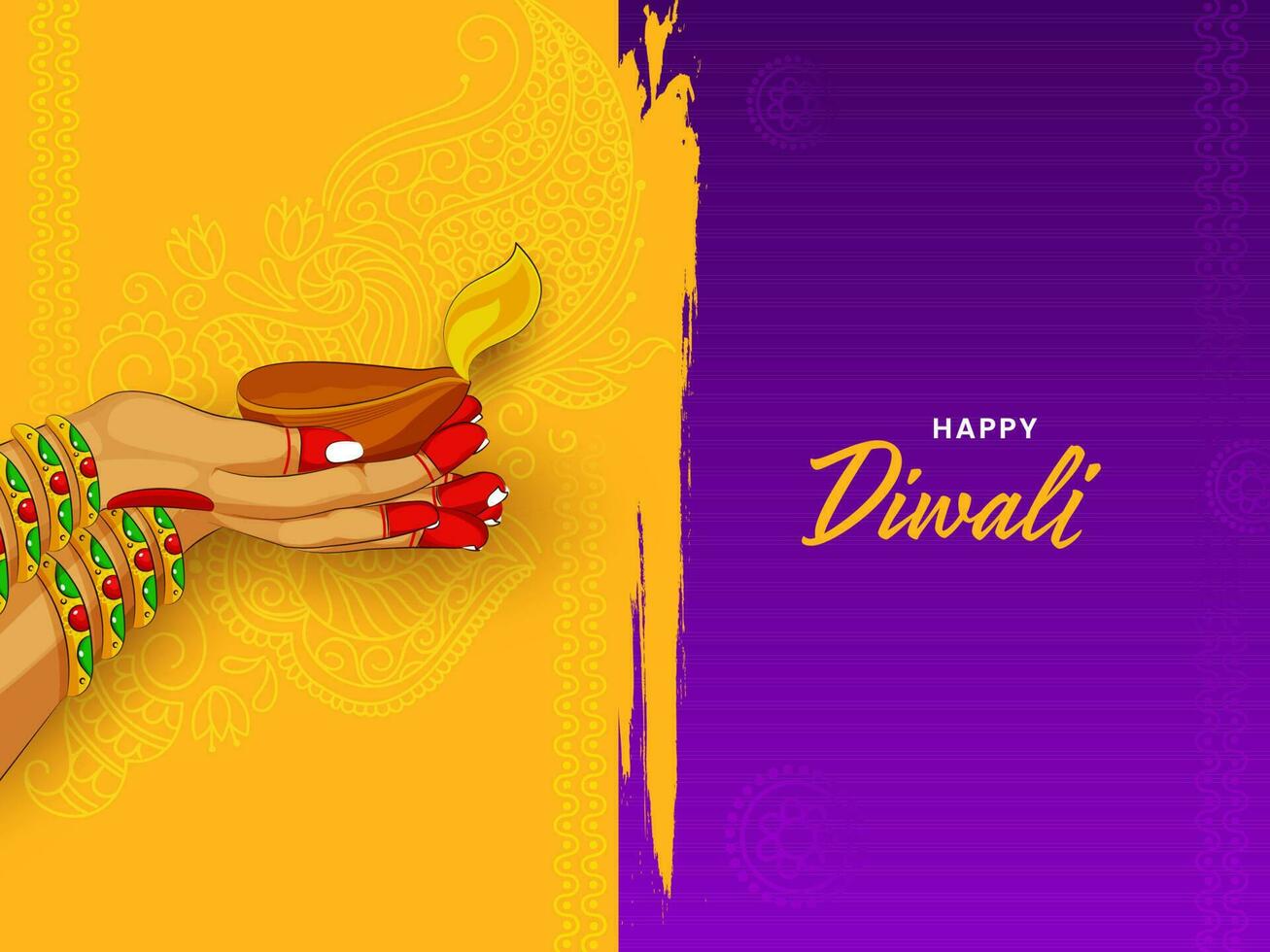 gelukkig diwali viering concept met Indisch vrouw handen Holding lit olie lamp Aan geel en Purper borstel effect achtergrond. vector