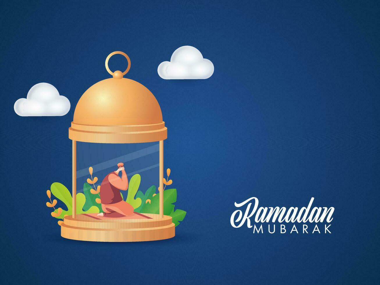 Ramadan mubarak concept met moslim Mens aanbieden namaz gebed binnen gouden lantaarn Aan blauw achtergrond. vector