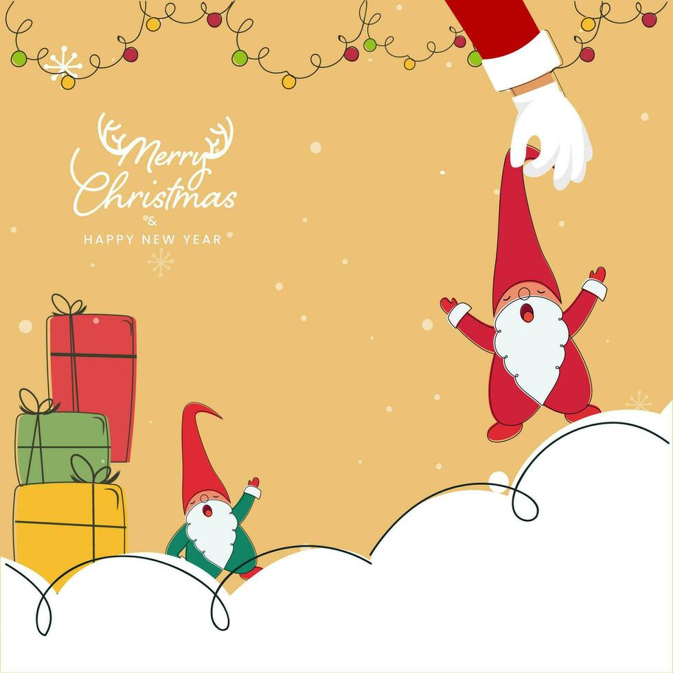 vrolijk Kerstmis en nieuw jaar poster ontwerp met de kerstman Holding hoed van gnoom naar optillen omhoog, geschenk dozen Aan pastel oranje en wit achtergrond. vector
