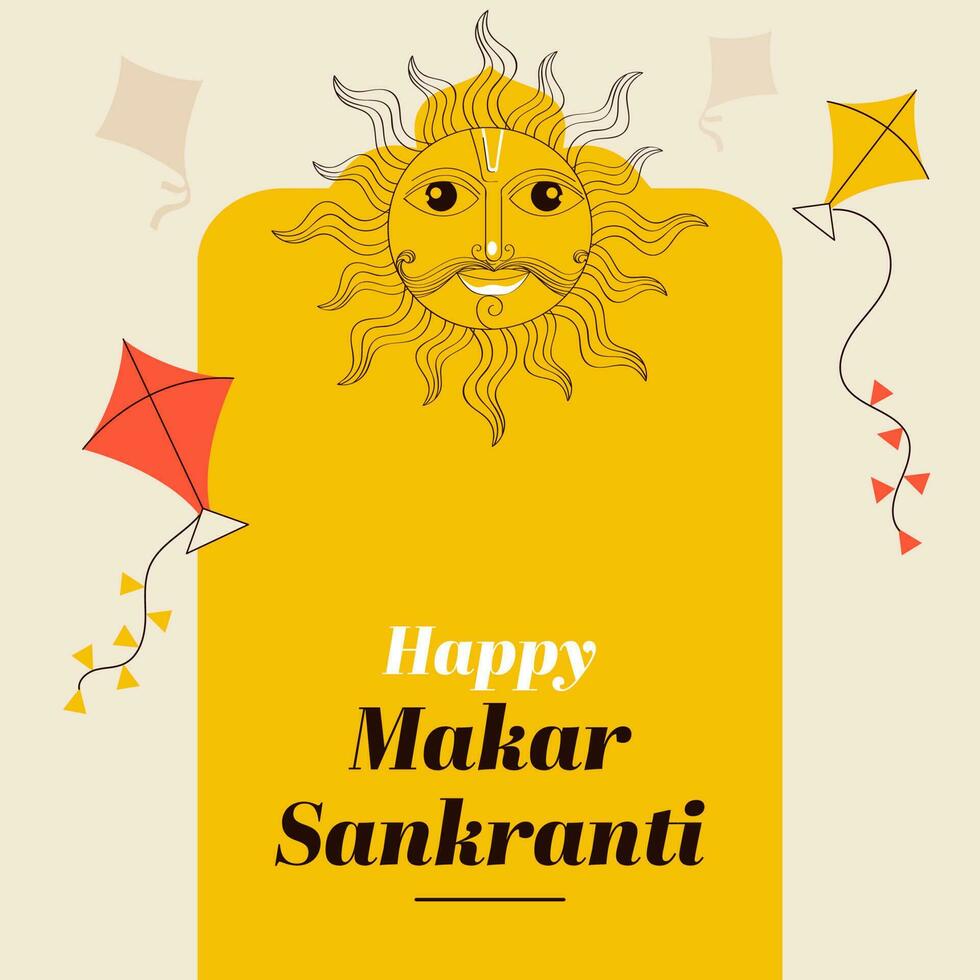 gelukkig makar sankranti concept met tekening zon god gezicht, vliegend vliegers Aan geel en beige achtergrond. vector