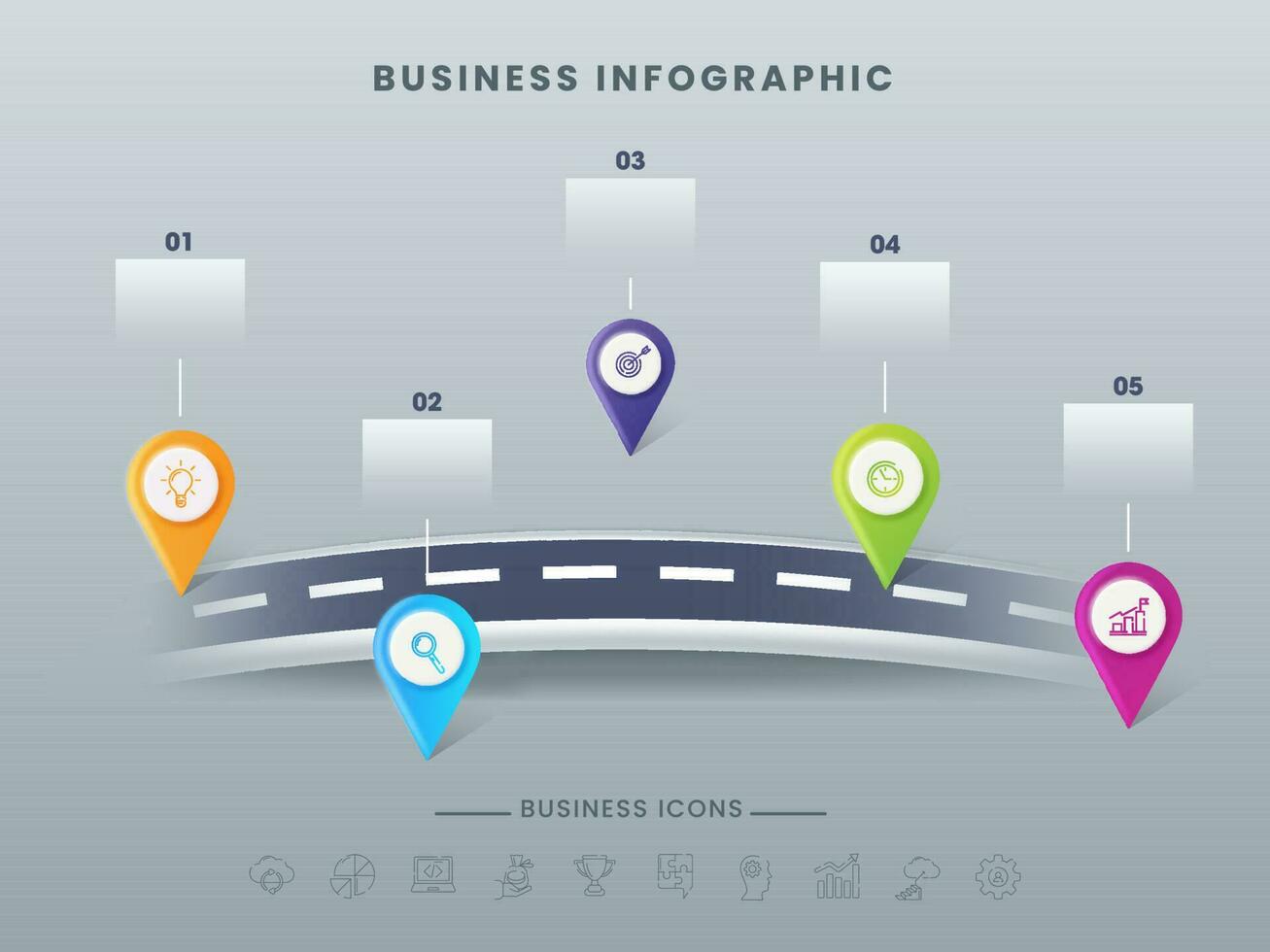 bedrijf infographic tijdlijn sjabloon ontwerp met vijf plaats pinnen van pictogrammen Aan grijs achtergrond. vector