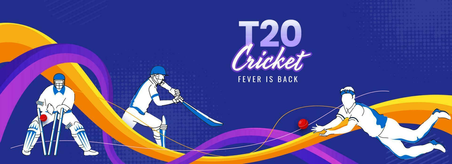 t20 krekel koorts is terug concept met tekenfilm cricketspeler spelers in actie houding en abstract golven Aan blauw halftone achtergrond. vector