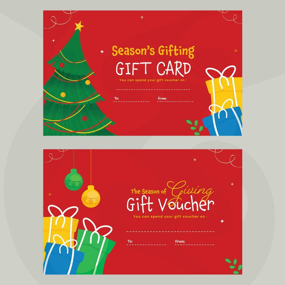 seizoen geschenk kaart of tegoedbon reeks met Kerstmis boom, kerstballen hangen en geschenk dozen in rood kleur. vector