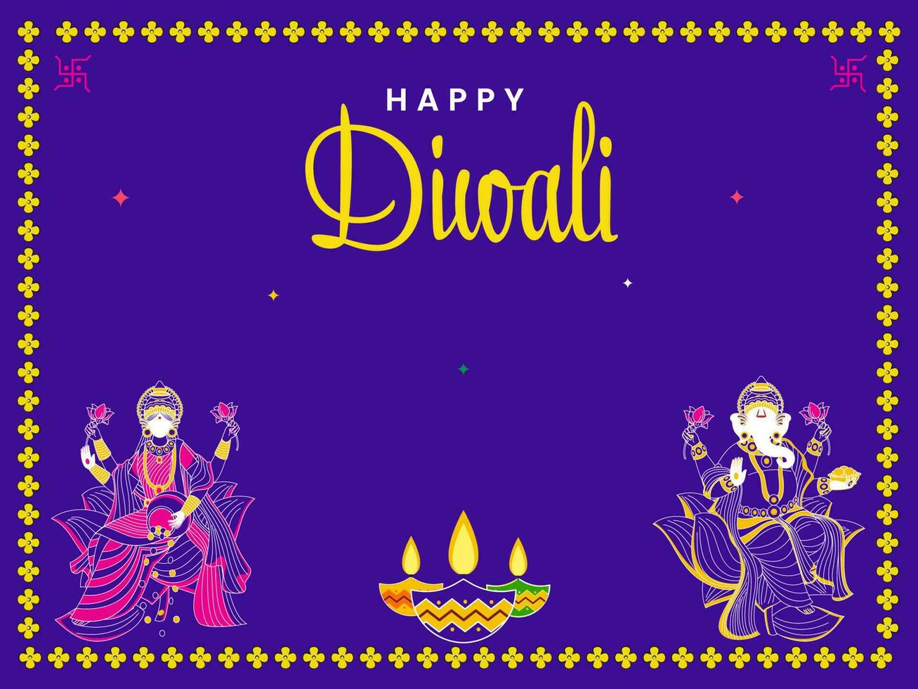 gelukkig diwali concept met heer ganesha, godin lakshami standbeeld en lit olie lampen Aan Purper achtergrond. vector