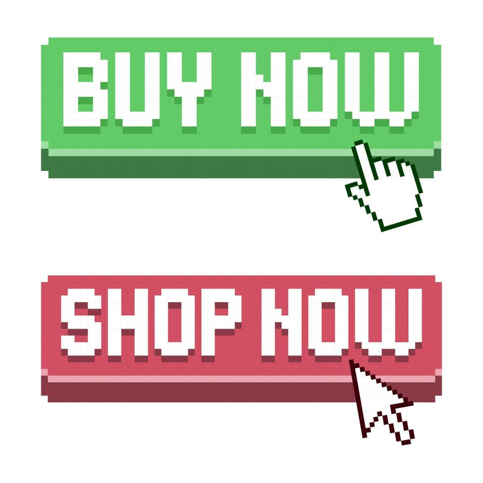 kopen nu, winkel nu knop pixel kunst met pixel muis cursors wijzer, pijl vector