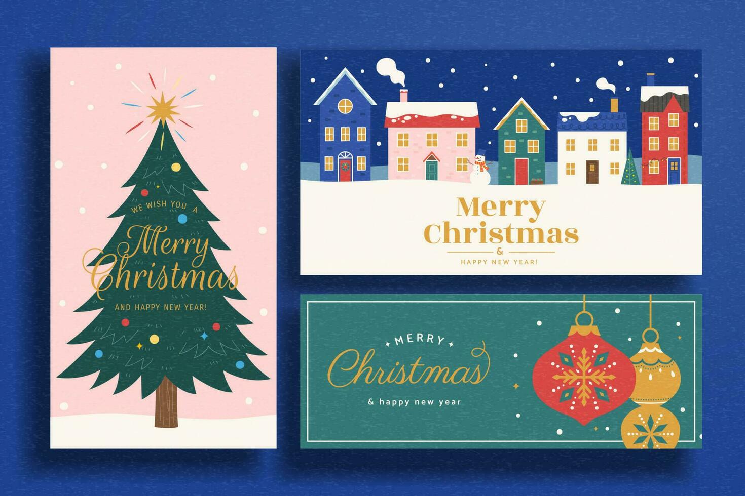 reeks van vrolijk Kerstmis en gelukkig nieuw jaar kaarten en banners in hand- getrokken ontwerp. geschikt voor uitnodiging en web spandoek. vector