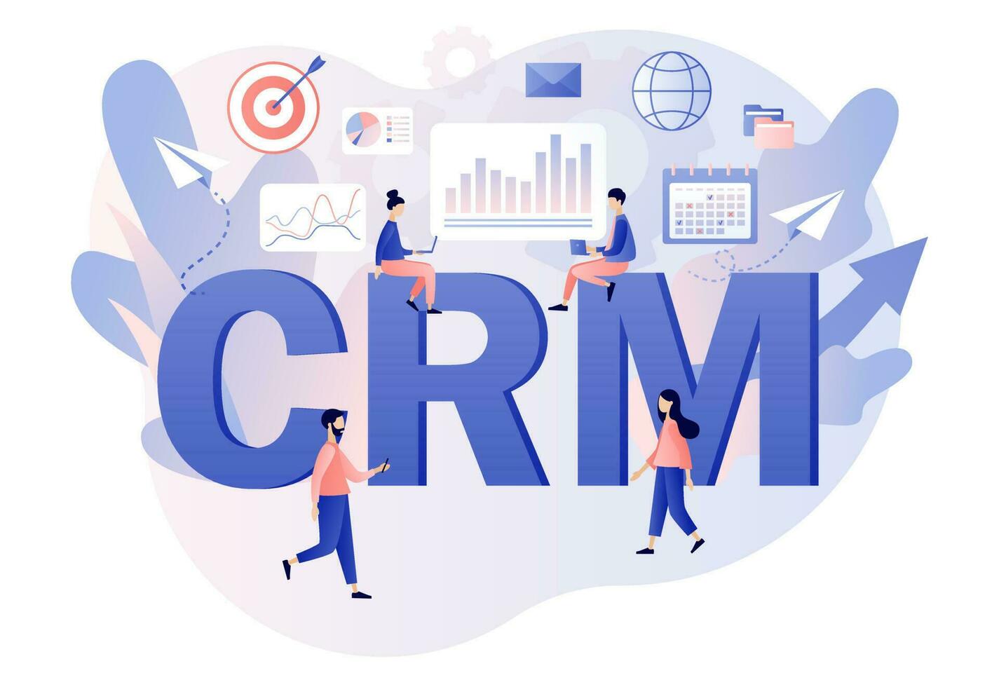 crm - groot tekst. klant verhouding beheer concept. bedrijf strategie. klein zakenman uitvoeren gegevens analyse. modern vlak tekenfilm stijl. vector illustratie Aan wit achtergrond