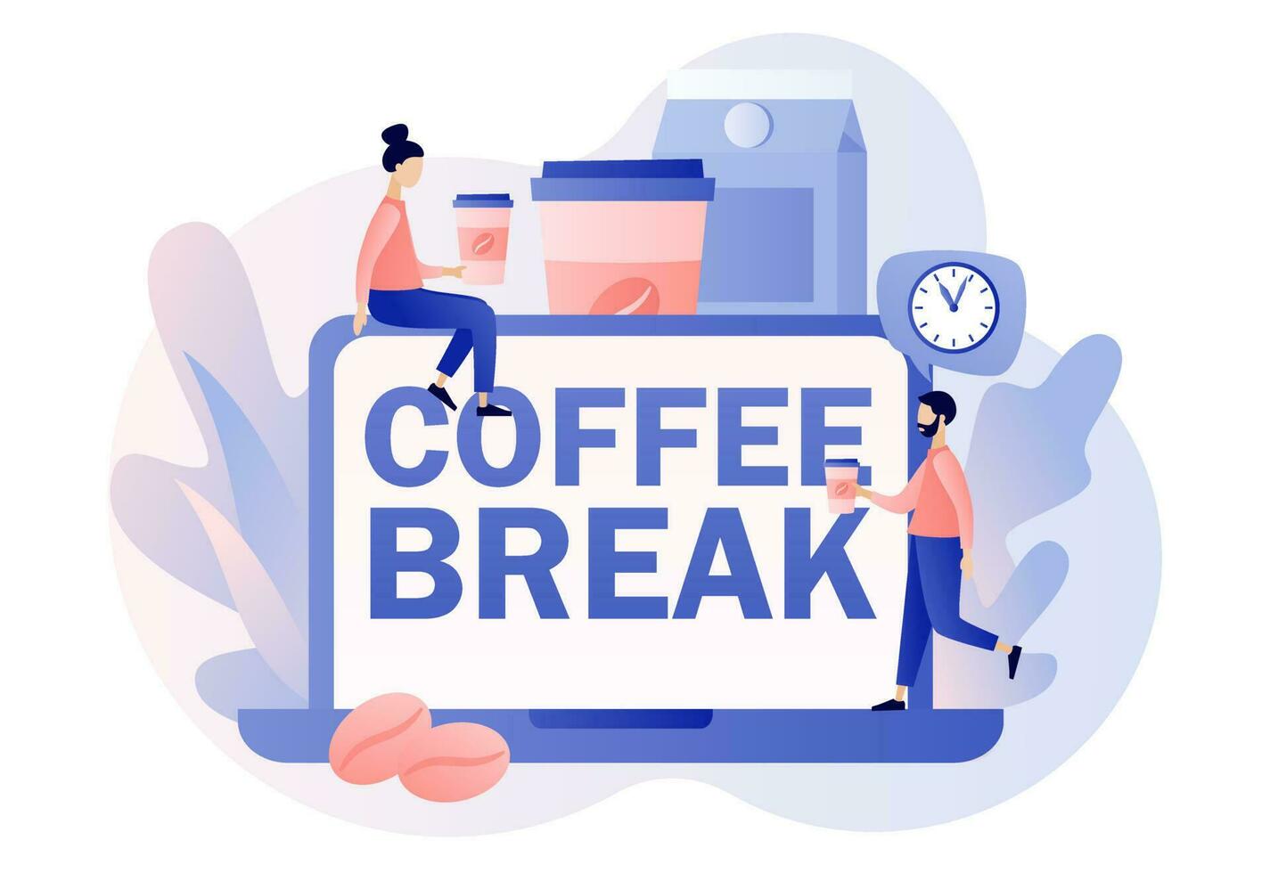 koffie breken - tekst Aan laptop scherm. klein mensen zakenlieden ontspannend, pratend en drinken koffie. lunch tijd in kantoor concept. modern vlak tekenfilm stijl. vector illustratie Aan wit achtergrond