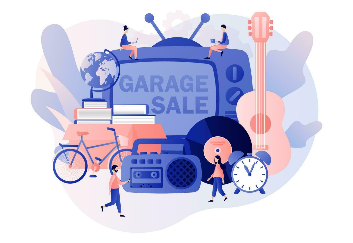 vlo markt. garage uitverkoop online. werf uitverkoop. klein verkopers en klanten. wijnoogst goederen of vod eerlijk. bazaar. modern vlak tekenfilm stijl. vector illustratie Aan wit achtergrond