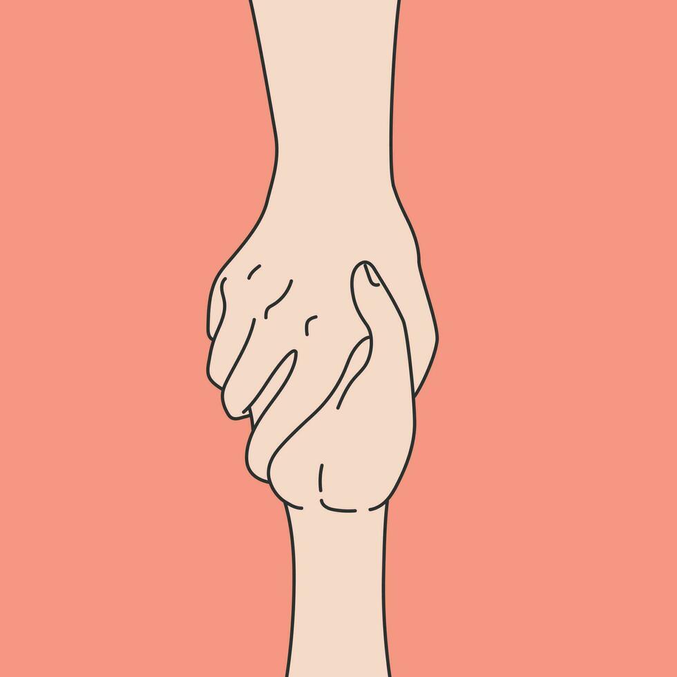 hand- getrokken kunst van hand- in hand- Aan oranje achtergrond. liefde en vriendschap. vector illustratie