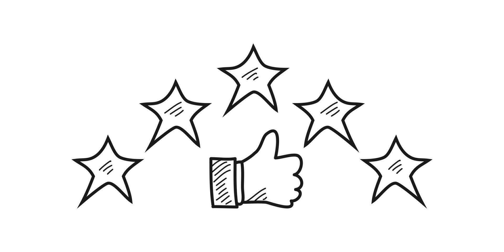 vijf ster beoordeling positief feedback. tekening duimen omhoog. handen van tevreden en gelukkig mensen Kiezen vijf goud sterren dat geven positief feedback. hand- getrokken stijl. vector illustratie