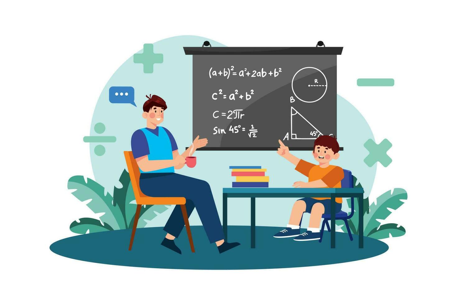 een ouder helpt hun kind met hun wiskunde huiswerk. vector