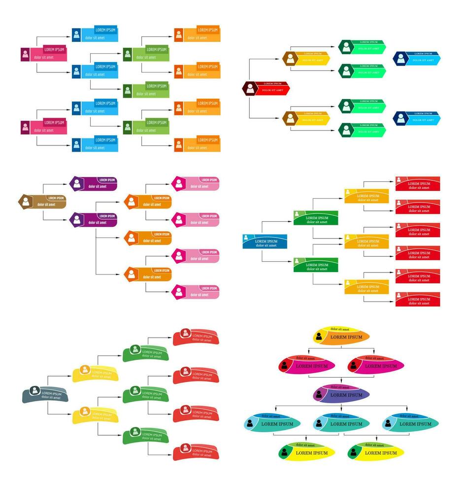 reeks van zes kleurrijk bedrijf structuur concept, zakelijke organisatie tabel regeling met mensen pictogrammen. vector illustratie.