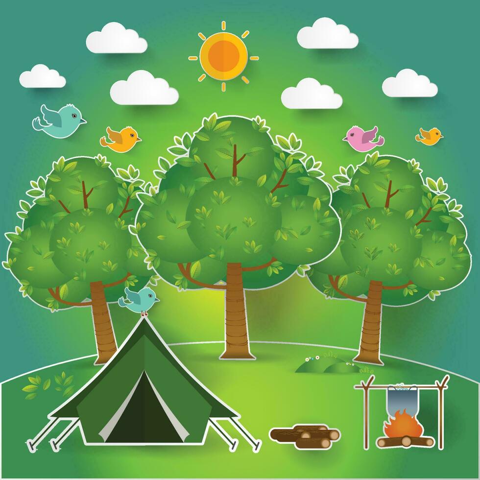landschap.wandelen en camping. vector illustratie