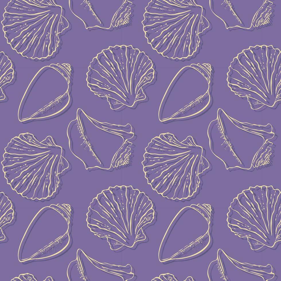 patroon Purper paars met schelpen hand- getrokken tekening. vector