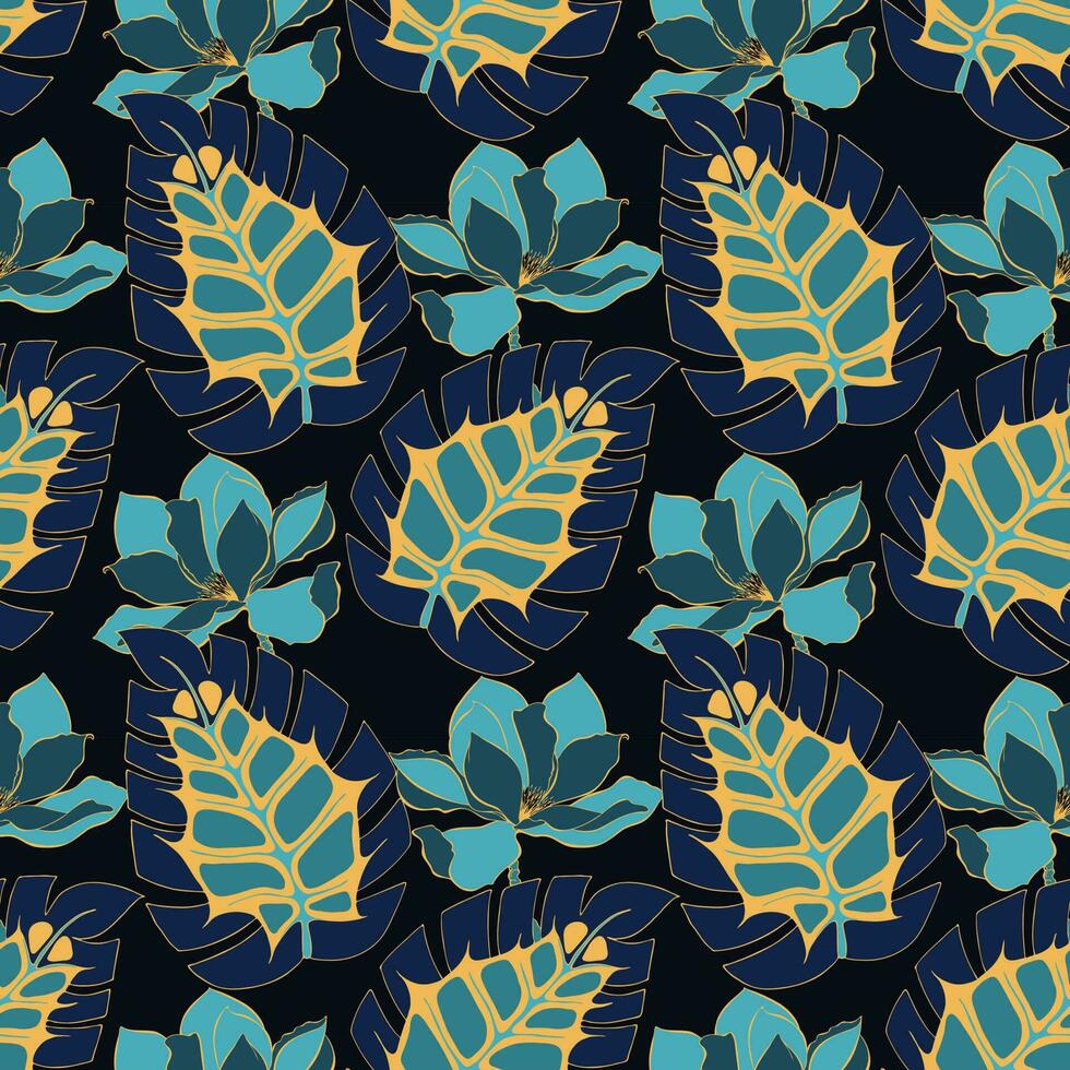 donker blauw patroon tropisch bladeren en magnolia. vector