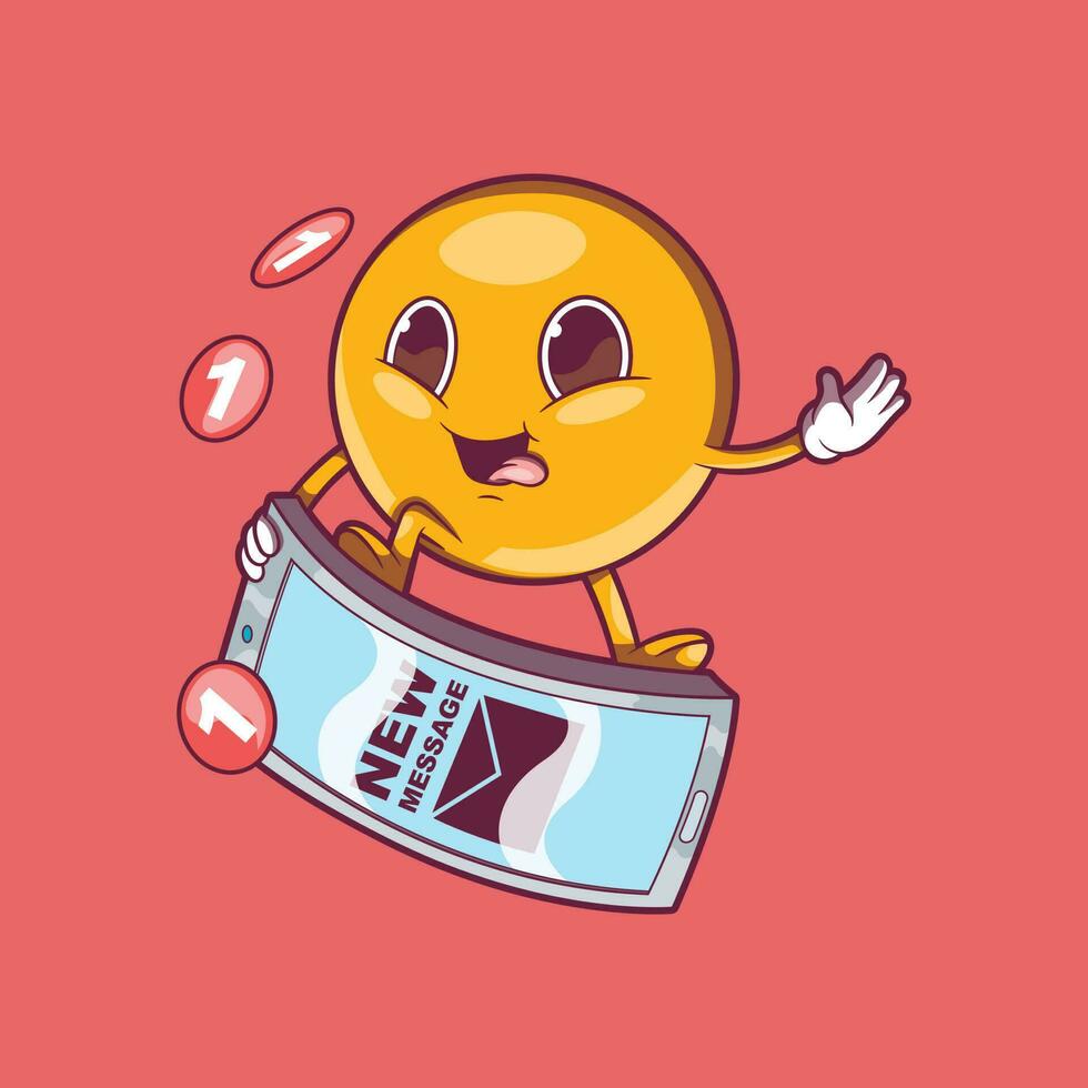 een emoji karakter surfing een smartphone vector illustratie. communicatie, techniek, babbelen ontwerp concept.