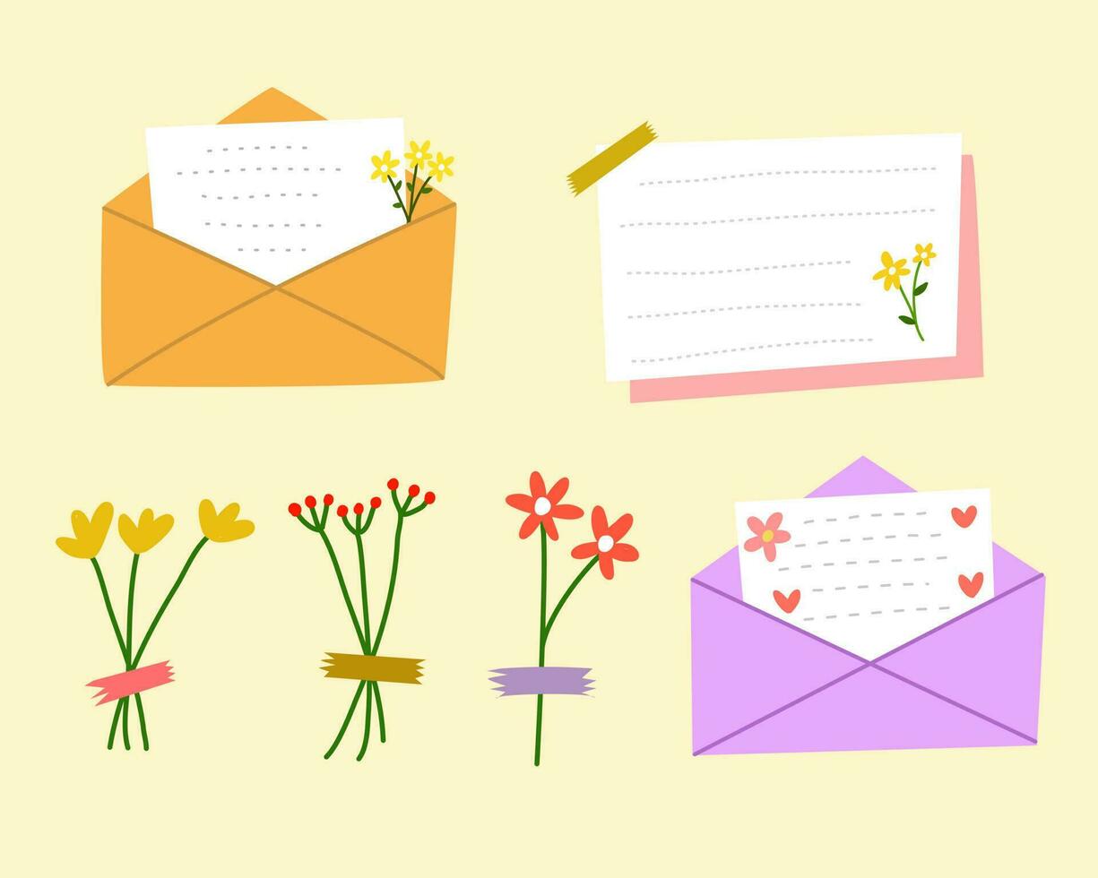 schattig plakboek elementen met envelop, bloem, en papier Opmerking. vector