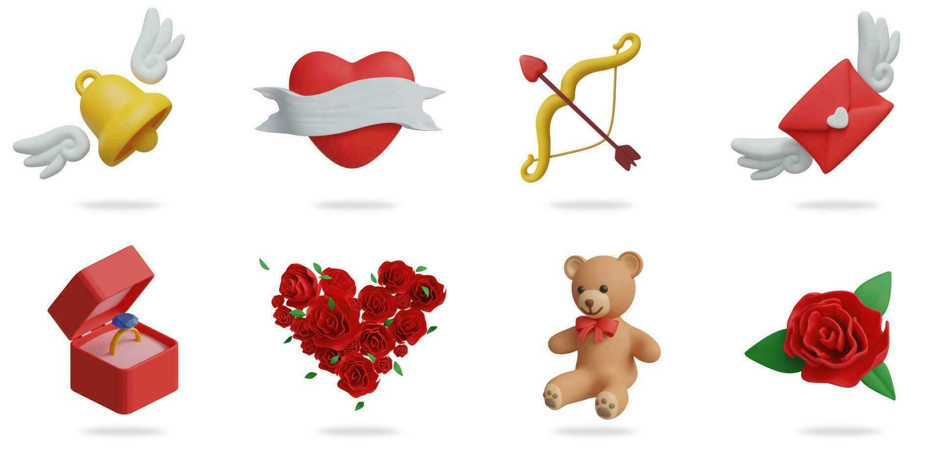 3d weergave. Valentijnsdag dag pictogrammen reeks Aan een wit achtergrond gevleugeld klok, hart label, boog, gevleugeld brief, bruiloft ring doos, hartvormig boeket, teddy beer, roos vector