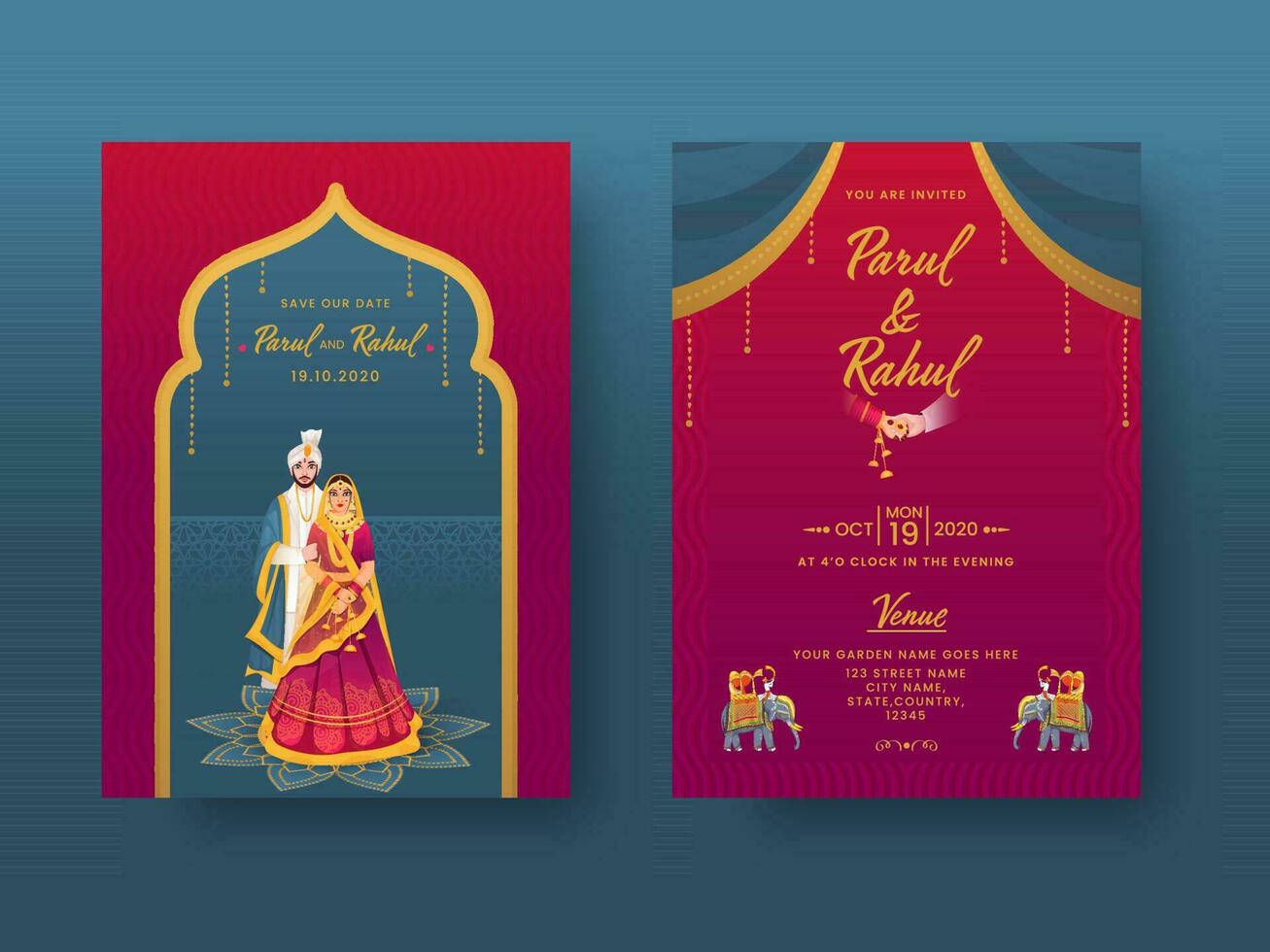 Indisch bruiloft uitnodiging kaart ontwerp met paar karakter en evenementenlocatie details in voorkant en terug visie. vector