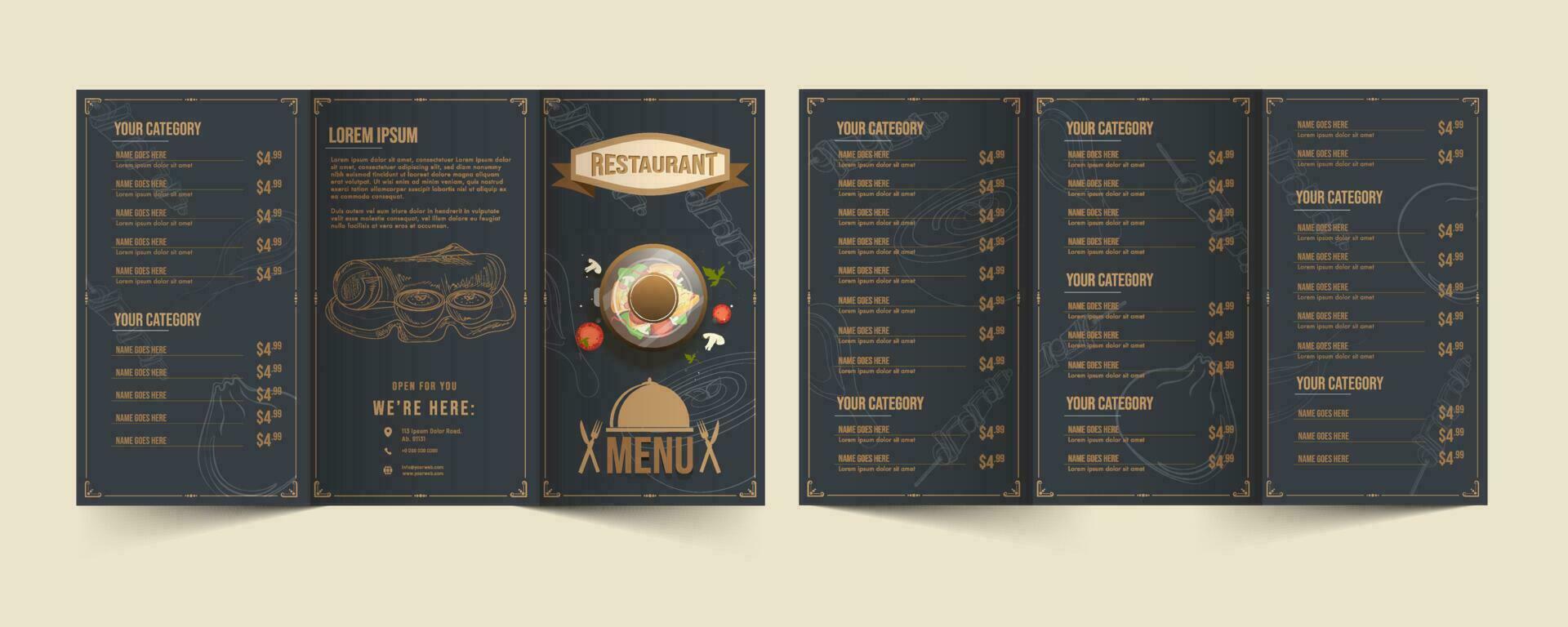 voorkant en terug visie van restaurant menu kaart met vegetarisch voedsel braadpan. vector