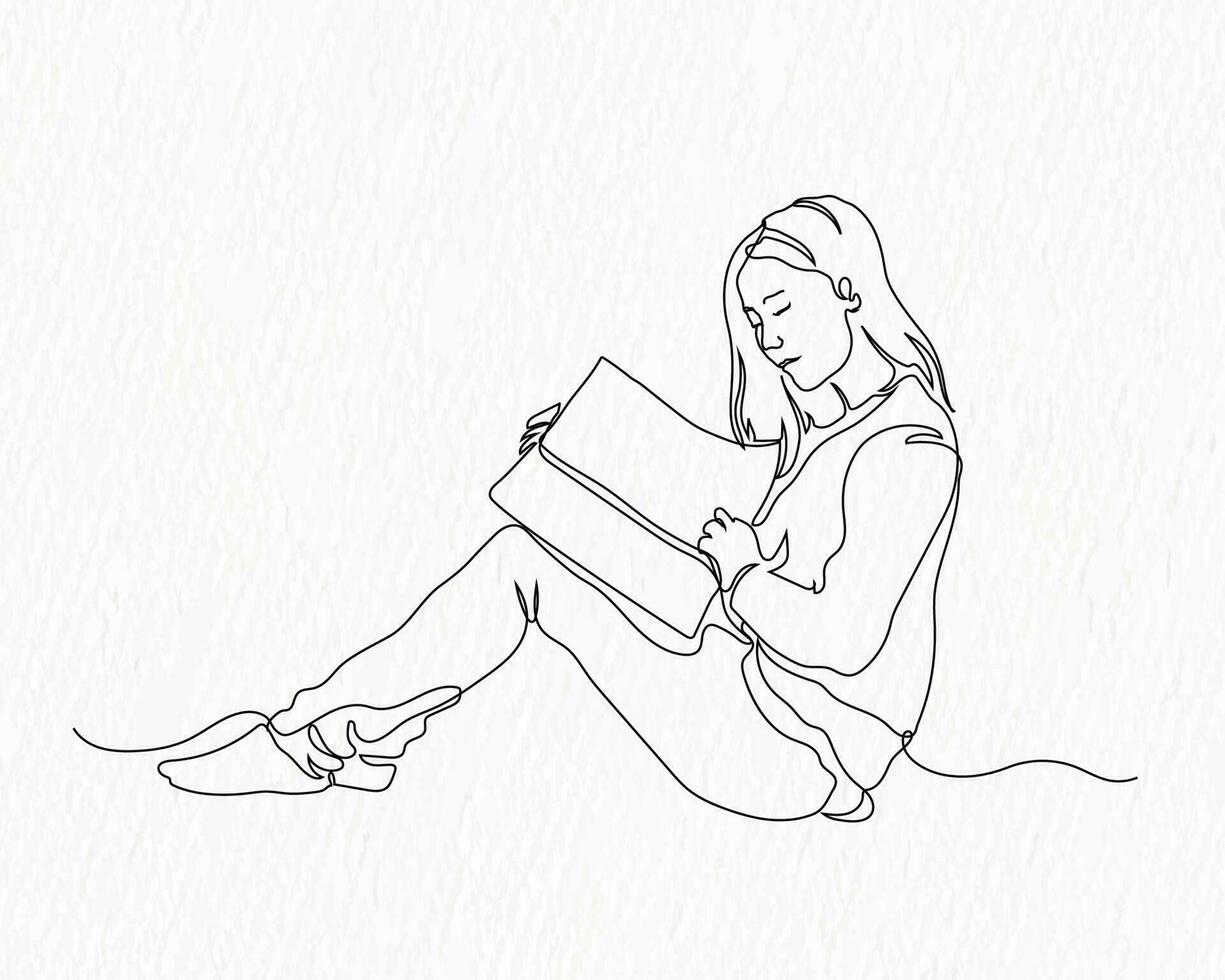 een vrouw zit leest een boek lijn kunst vector