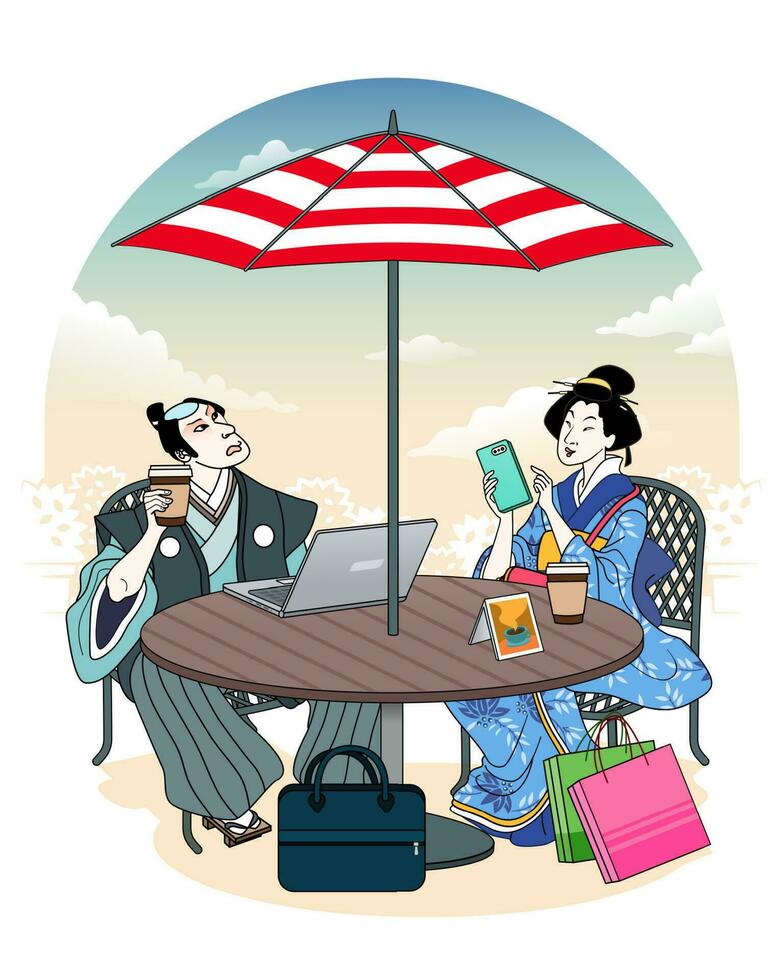 ukiyo-e mensen hebben koffie en gebruik makend van smartphone Bij buitenshuis cafe gedurende hun reis vector