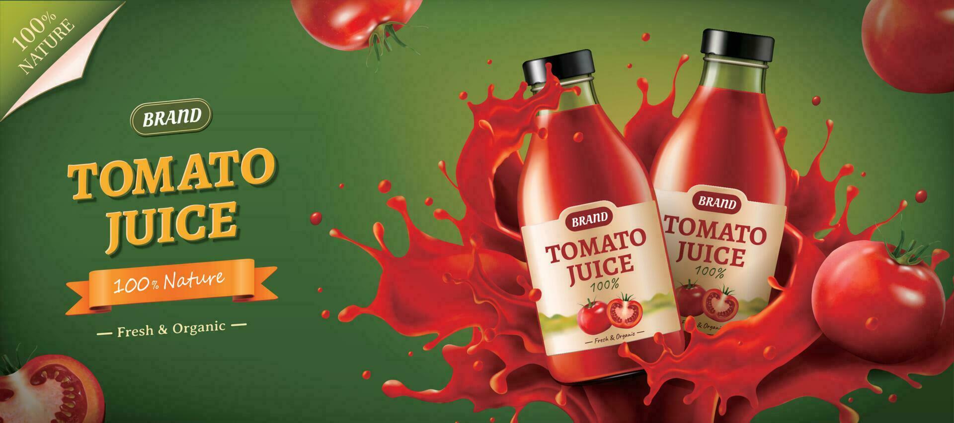 realistisch glas flessen in krachtig spatten van tomaat sap met tomaten terzijde, voor banier advertentie sjabloon gebruiken, 3d illustratie vector