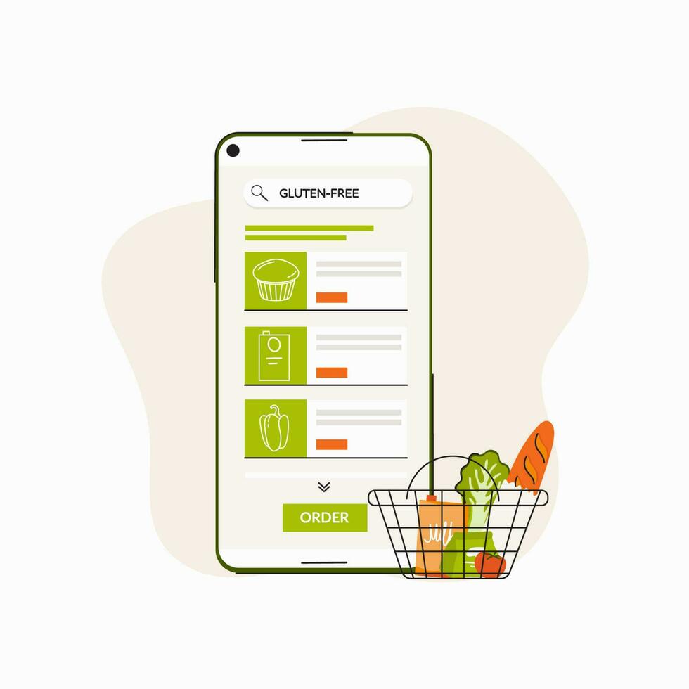 illustratie van smartphone met online op te slaan. zoeken en selecteert gluten vrij producten. concept van gluten vrij eetpatroon, dieet aan het eten, maaltijd planning en online winkelen. vector illustratie