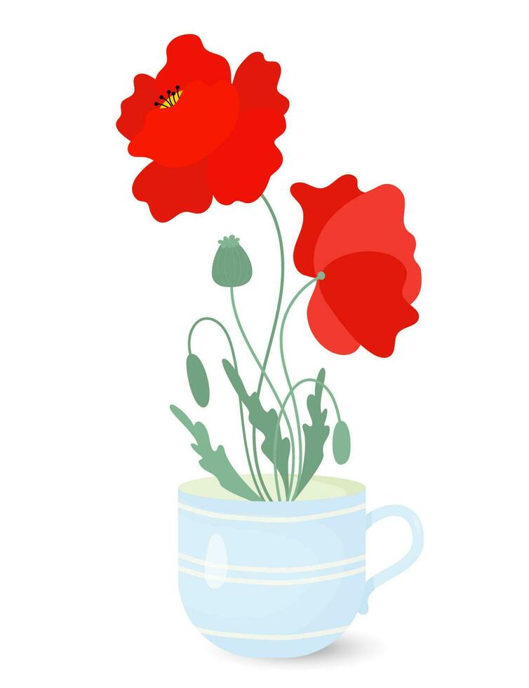 boeket bloemen van rood klaprozen in beker. vector illustratie in vlak stijl voor ansichtkaarten, ontwerpen, decor, covers en afdrukken.