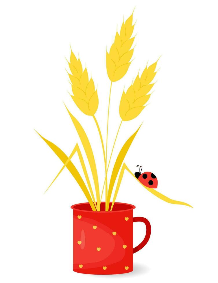 boeket van aartjes van tarwe met lieveheersbeestje Aan blad in rood beker. vector illustratie. zomer kop poster met oogst.