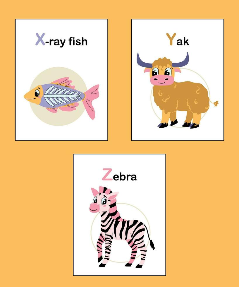 dier alfabet kaarten X naar z. kleurrijk leerzaam kinderachtig vector illustraties met brieven. grappig aan het leren alfabet verzameling. röntgenstraal vis, jak, zebra
