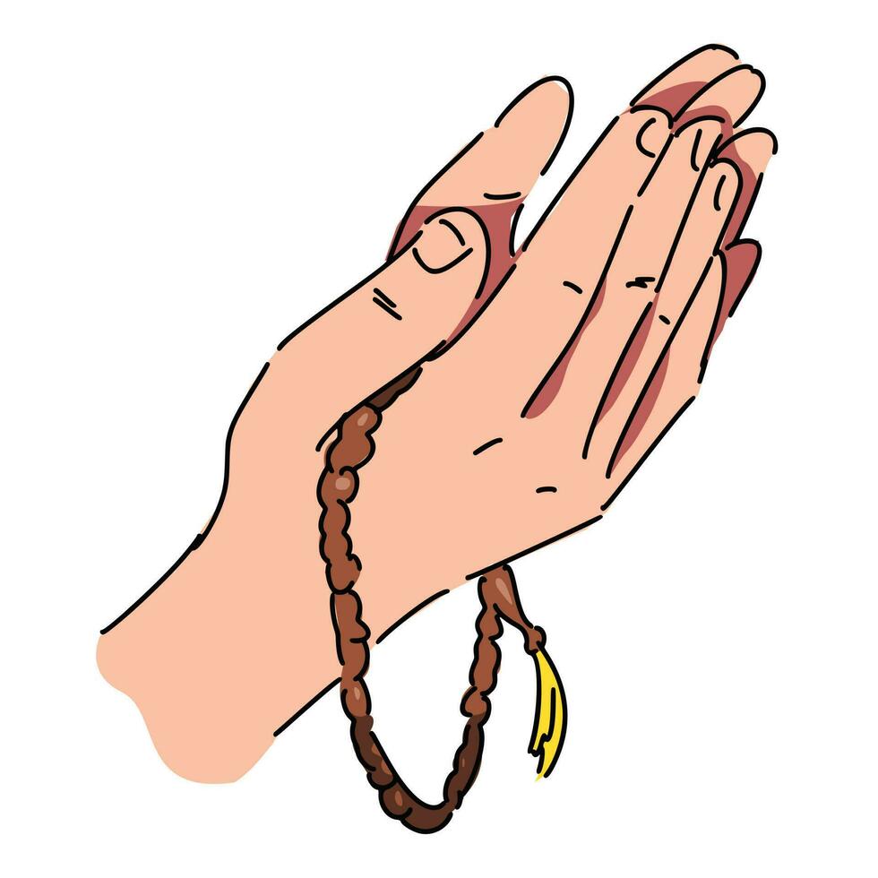 handen aan het doen gebed houding, dua en Holding tasbih, Islamitisch gebed kralen in lijn kunst, schetsen stijl met kleur. geïsoleerd Aan wit achtergrond. hand- getrokken vector illustratie.