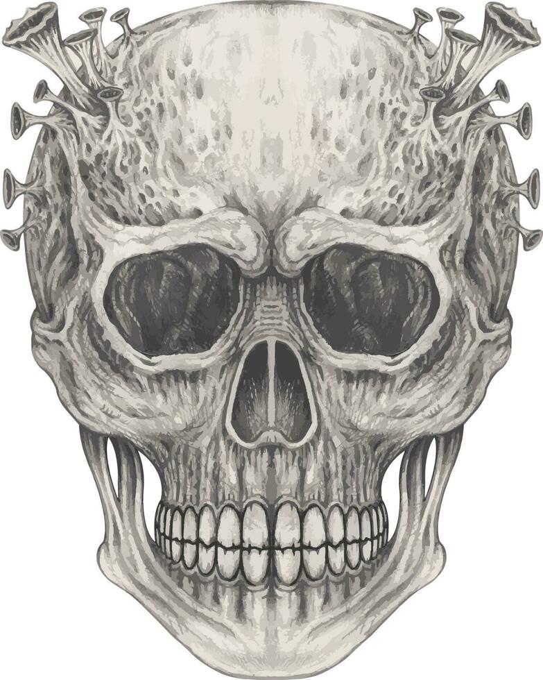 coronavirus surrealistische schedel. hand- tekening en maken grafisch vector. vector