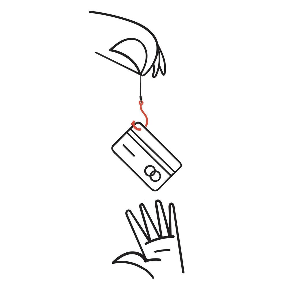 hand- getrokken tekening visvangst haak en credit kaart symbool voor phishing aanval illustratie vector