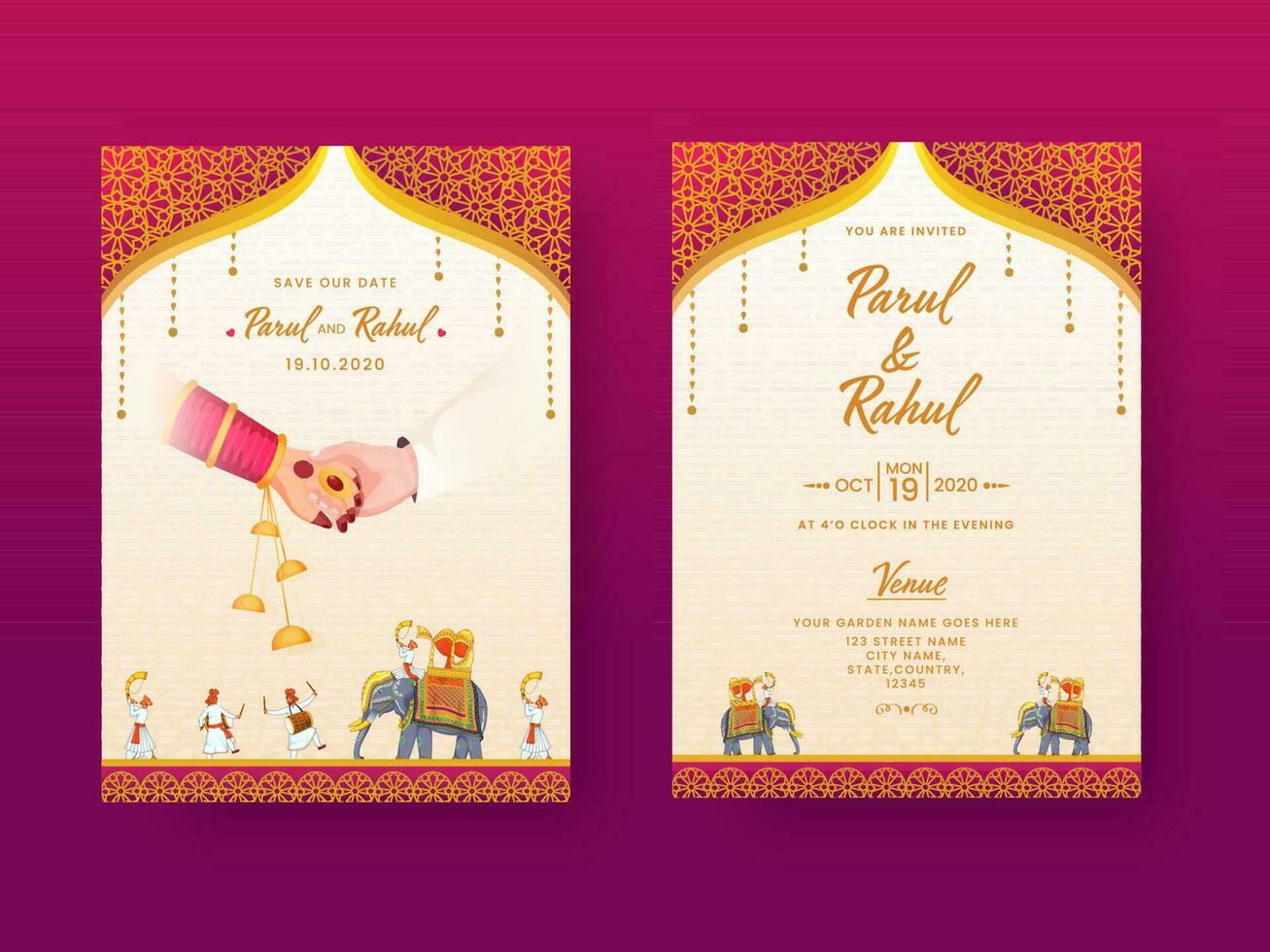 Indisch bruiloft uitnodiging kaart, sjabloon lay-out met evenementenlocatie details in voorkant en terug visie. vector