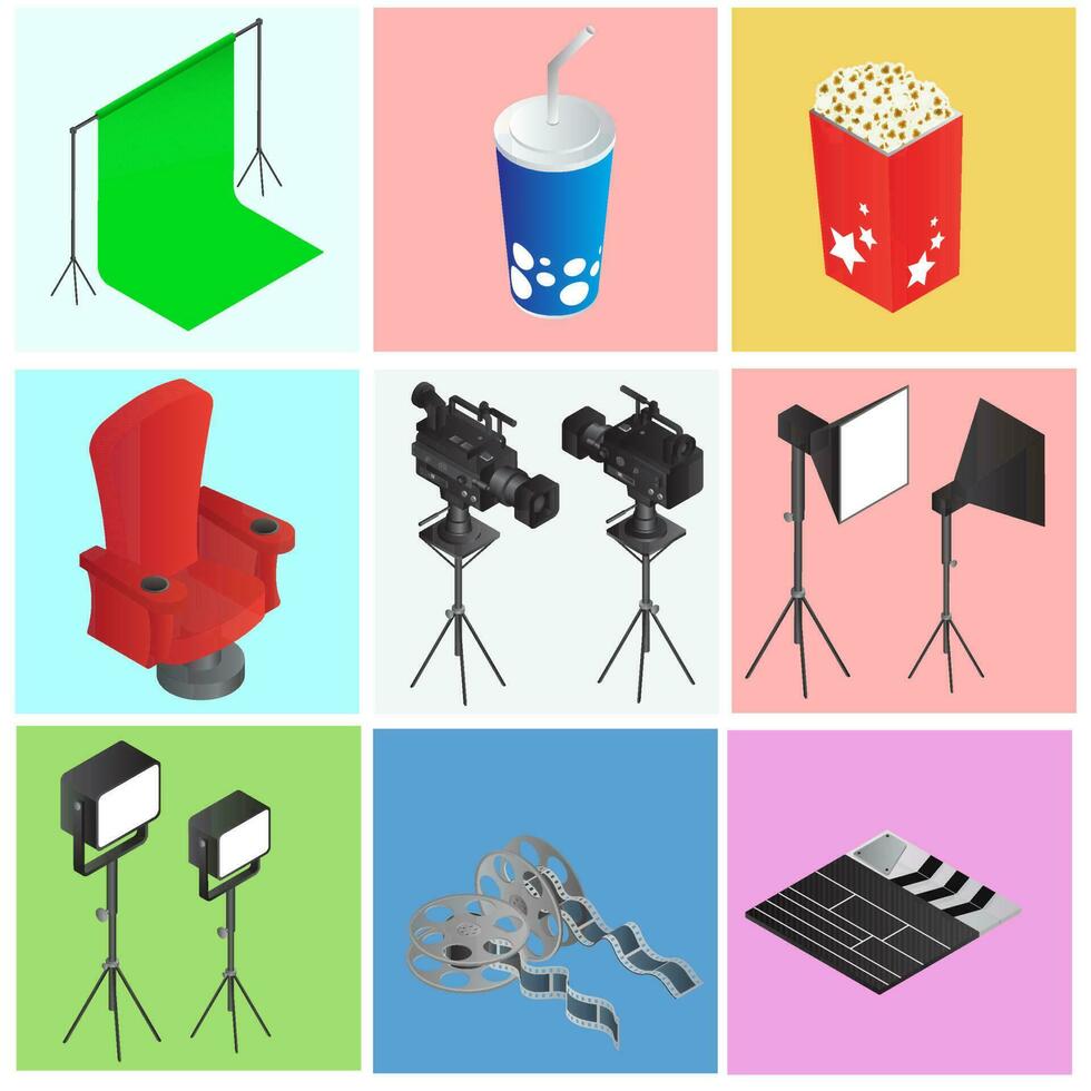 reeks van kleurrijk bioscoop of film voorwerpen in 3d stijl. vector