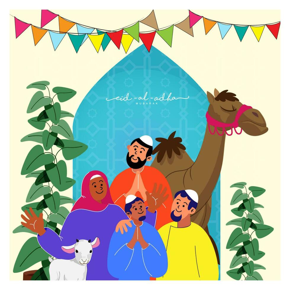 vrolijk moslim mensen karakter met geit, kameel dier, fabriek potten Aan blauw en geel Islamitisch patroon achtergrond voor eid-al-adha mubarak. vector