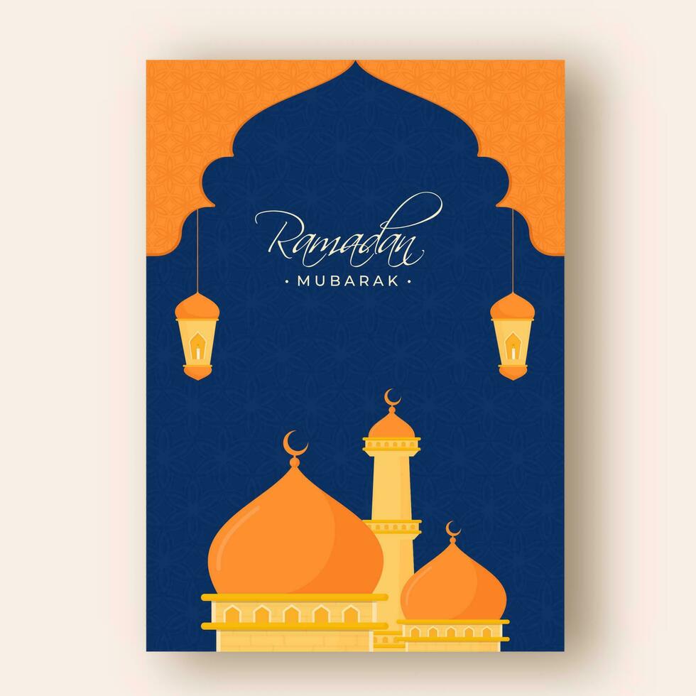 Ramadan mubarak sjabloon ontwerp met oranje moskee en lit lantaarns hangen Aan blauw Islamitisch patroon achtergrond. vector