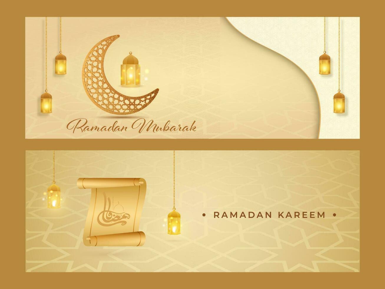 Ramadan festival hoofd of banier ontwerp met ornament halve maan maan, lit lantaarns hangen Aan gouden achtergrond. vector